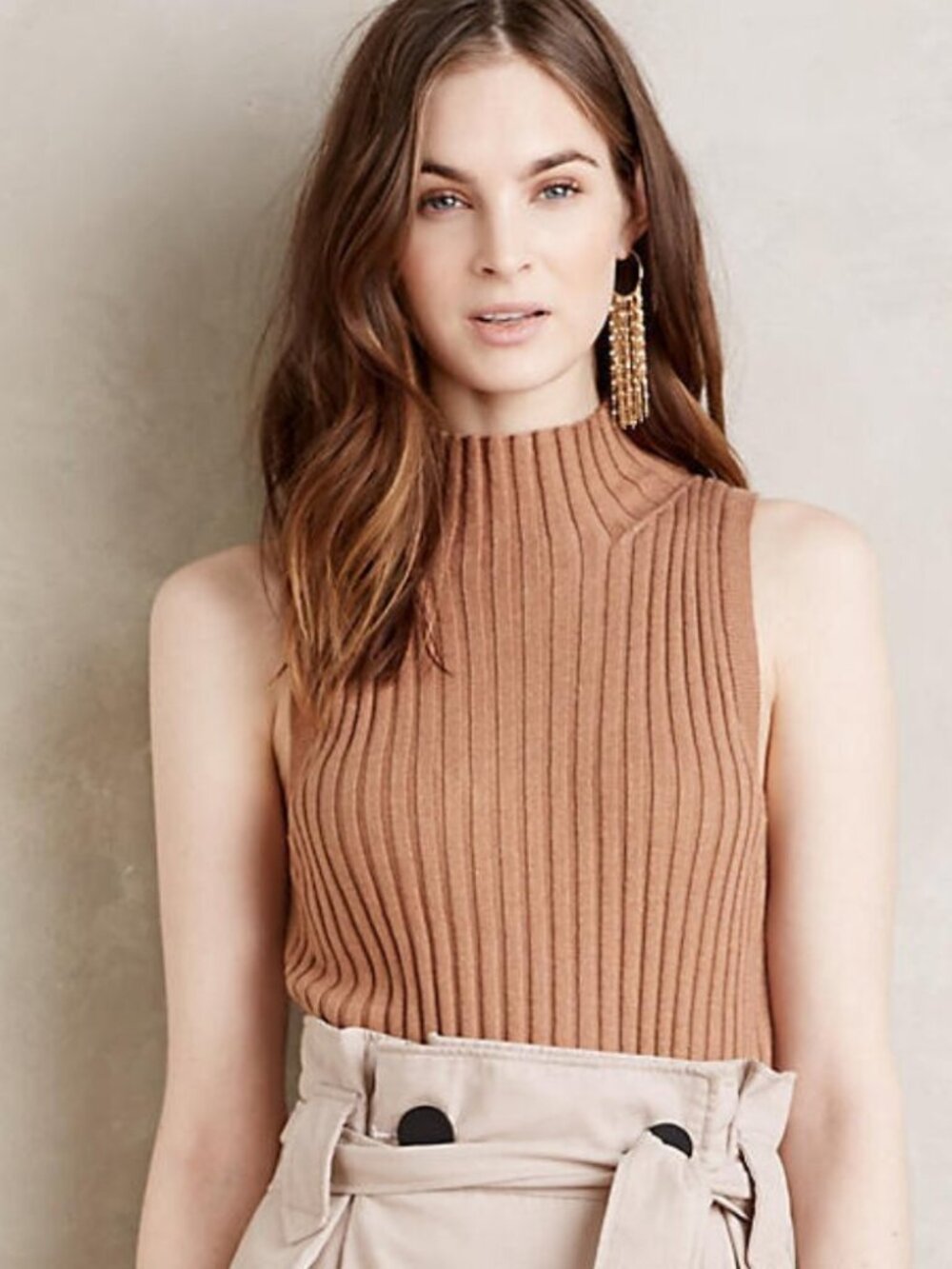 Anthropologie MOTH Tan Wool Blend Ribbed Mock Neck Sleeveless Knit L
